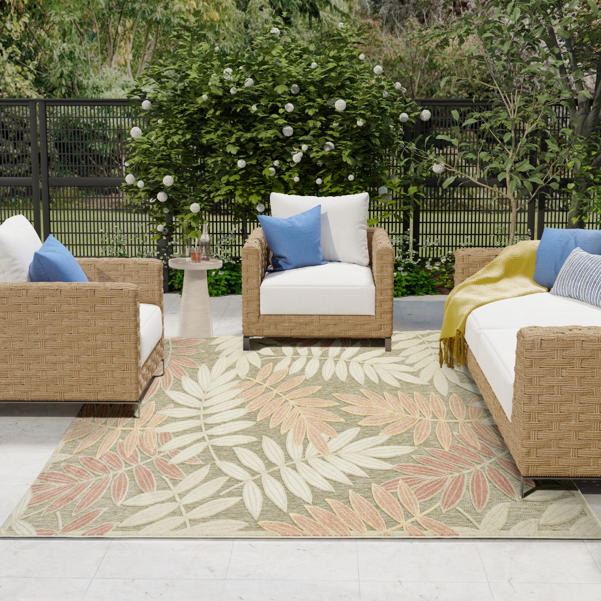 Modern rug with tropical leaf pattern, 8' x 11'.