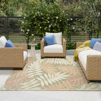 Modern rug with tropical leaf pattern, 8' x 11'.