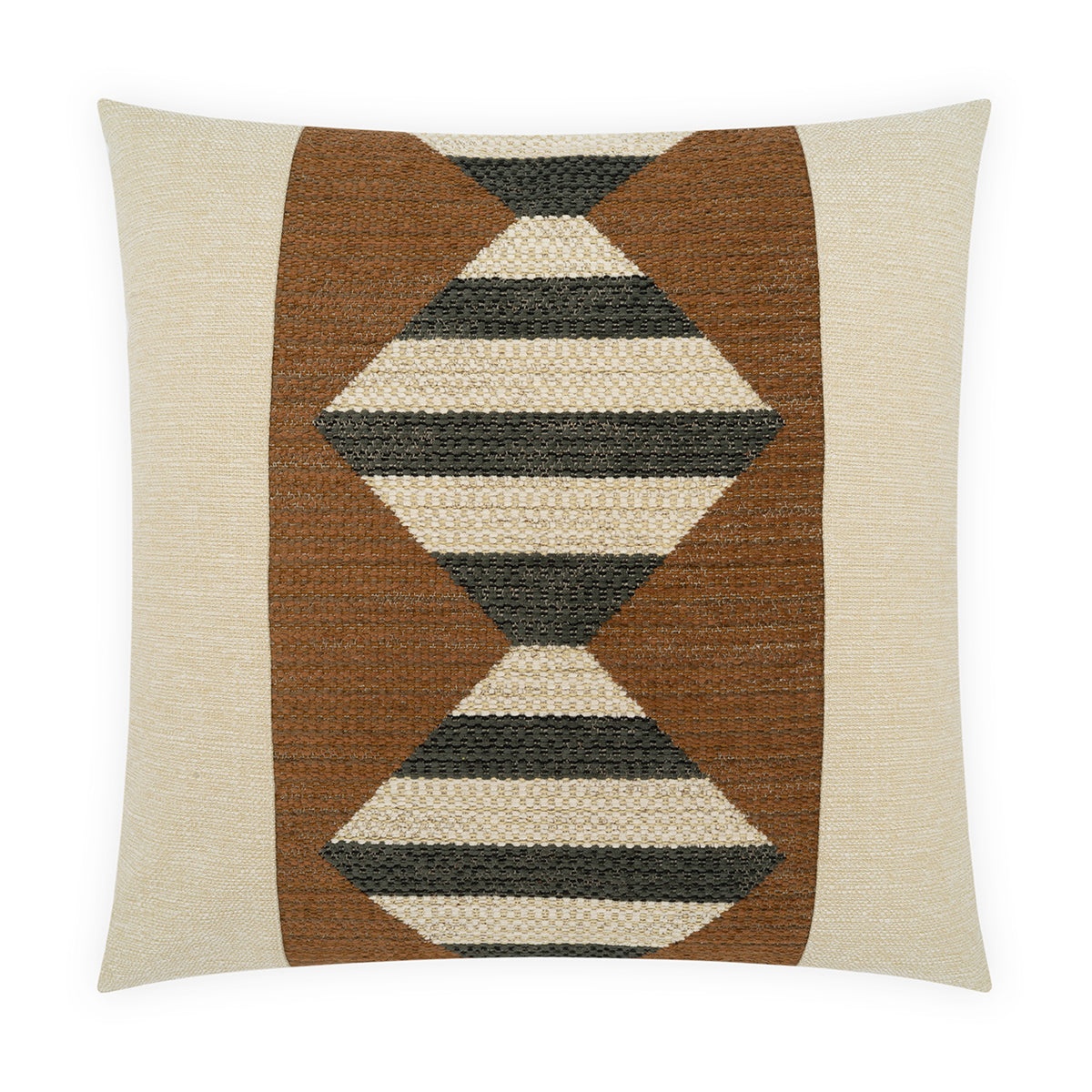 24x24 D.V. KAP Home Tarantelli Pillow featuring a geometric woven design with layered diamond and hourglass shapes in charcoal, ivory, and warm brown, framed by a neutral woven border. Same fabric on both sides with a 95% feather and 5% down insert.