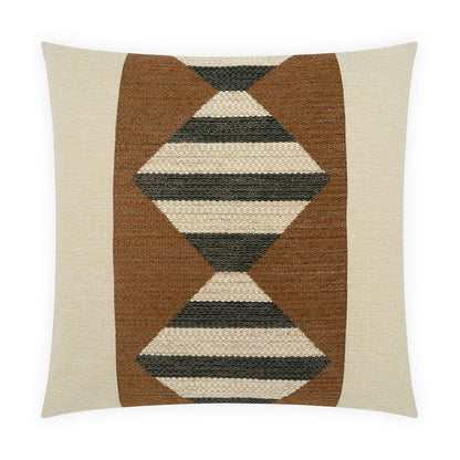 24x24 D.V. KAP Home Tarantelli Pillow featuring a geometric woven design with layered diamond and hourglass shapes in charcoal, ivory, and warm brown, framed by a neutral woven border. Same fabric on both sides with a 95% feather and 5% down insert.