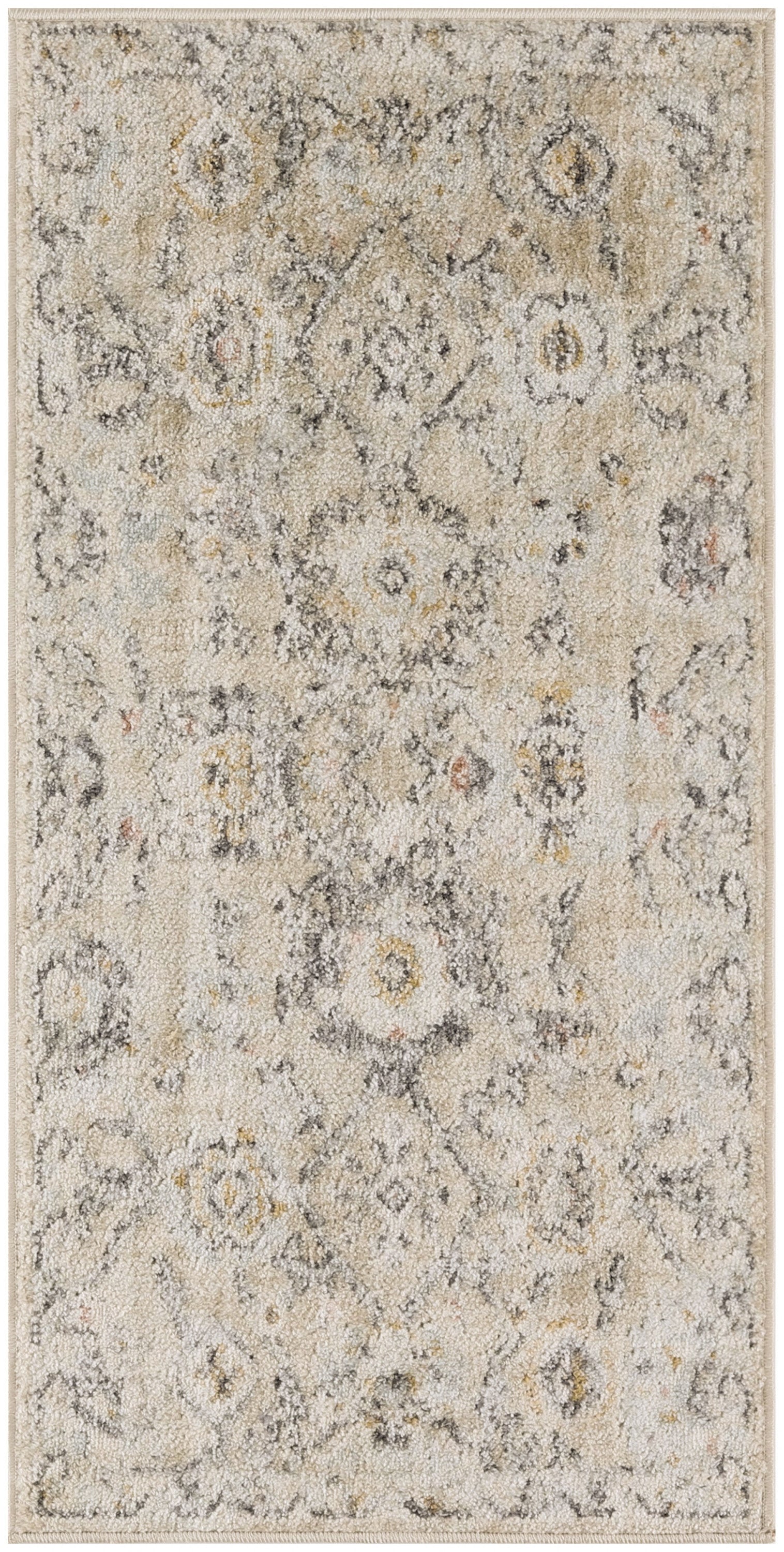 Rectangular beige distressed area rug with vintage gray/ivory floral medallion pattern & subtle yellow accents.