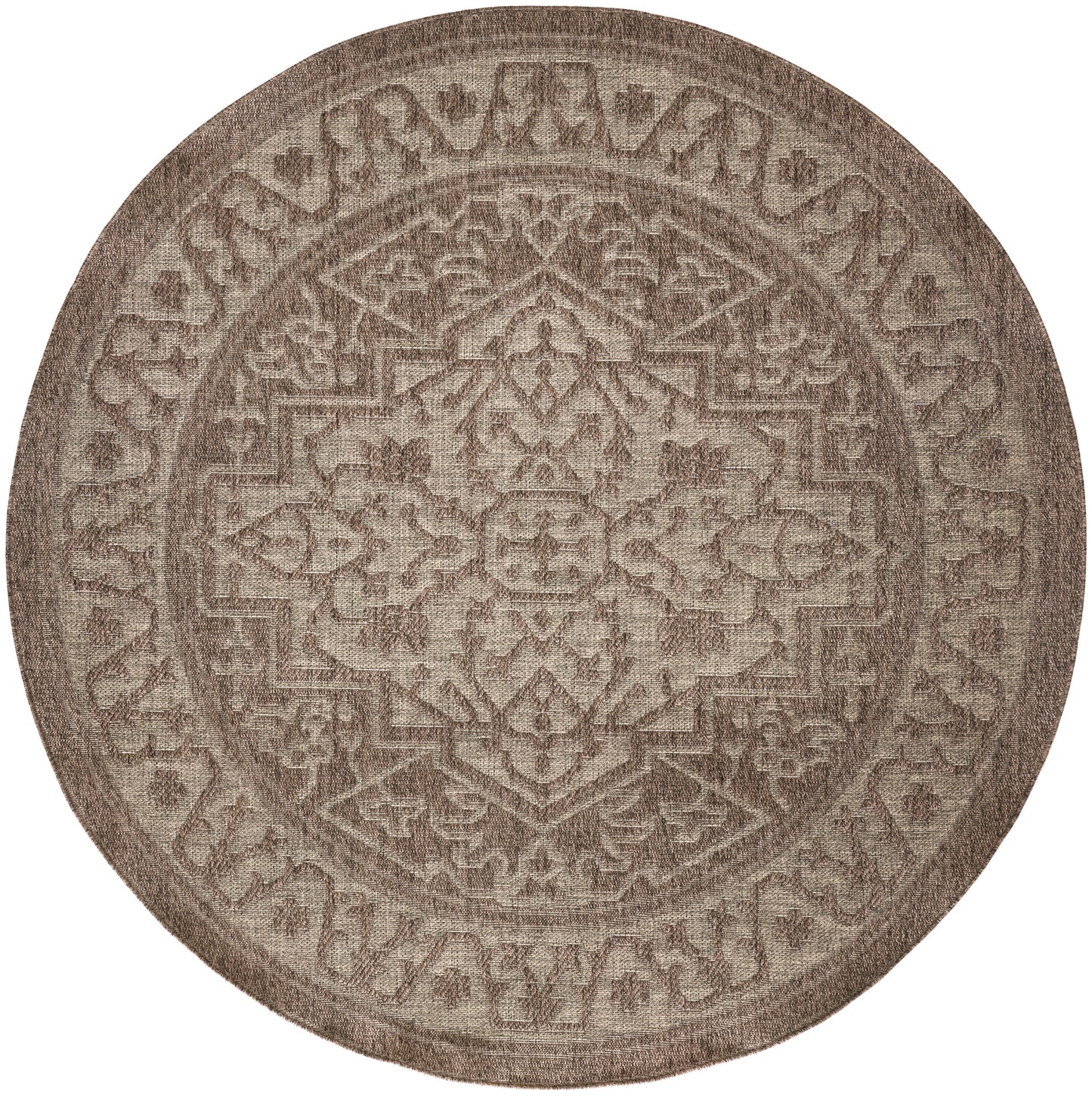 Round beige-brown rug featuring an ornate oriental geometric medallion pattern and textured surface.