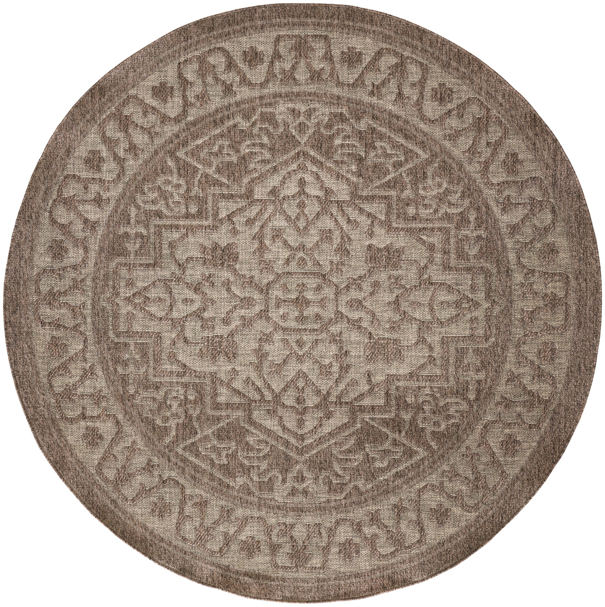Round beige-brown rug featuring an ornate oriental geometric medallion pattern and textured surface.