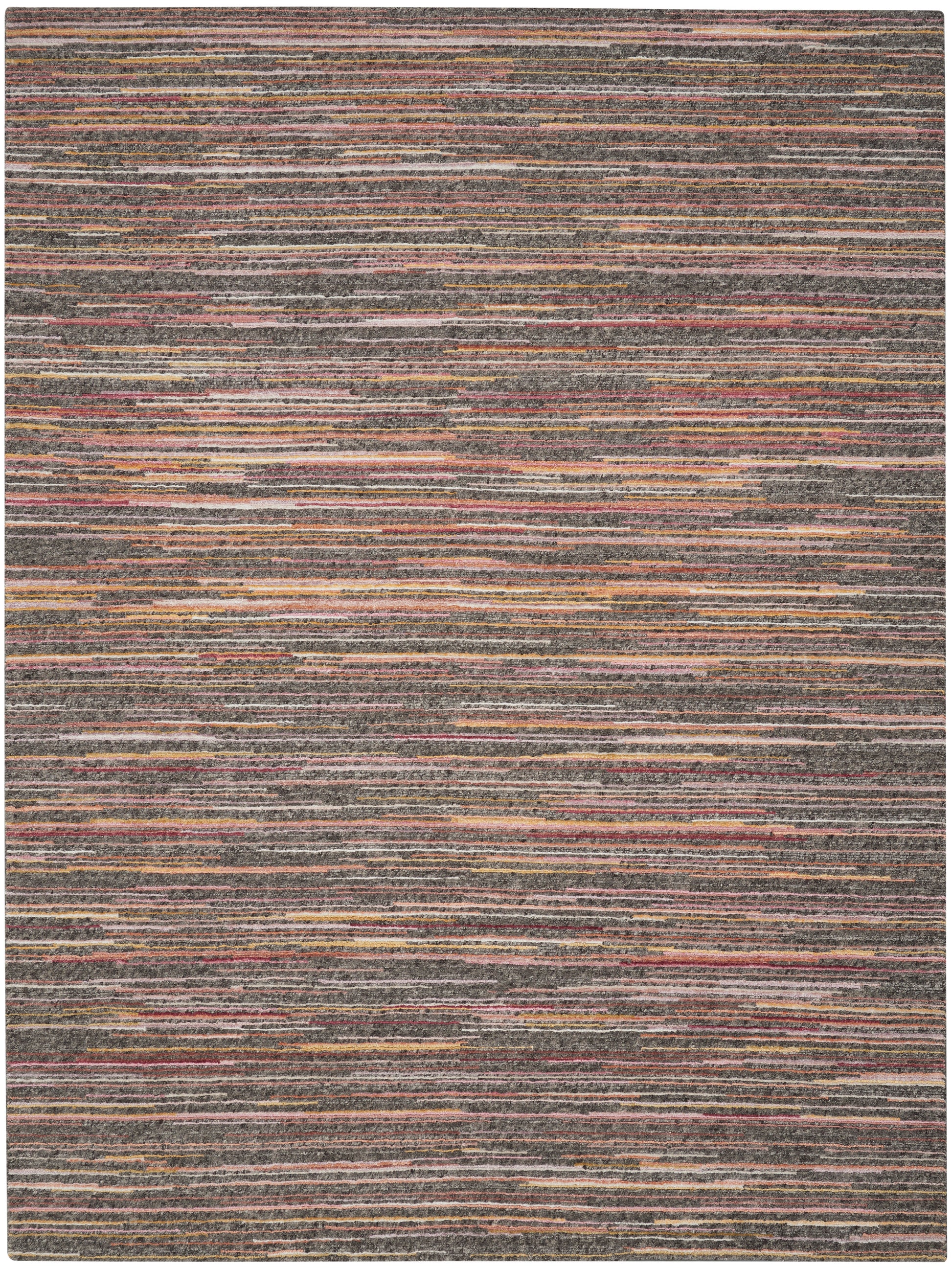 Textured flatwoven area rug with thin horizontal stripes in gray, brown, rust, and tan.