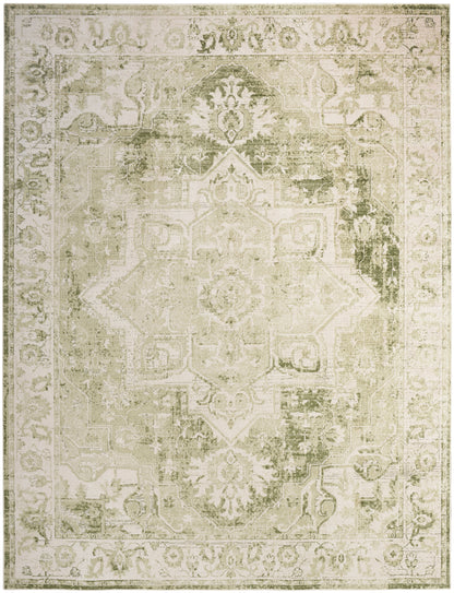 Muted beige-sage distressed rug with antique central medallion and ornate floral border.