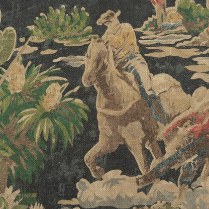 24x24 Saddler Denim designer throw pillow featuring a detailed scenic equestrian toile-style pattern on a deep denim-blue background, depicting a horseback rider, horses, lush plants, water, clouds and a pastoral landscape in muted green, tan and cream tones. Cotton and linen front with tan taupe linen-viscose reverse.
