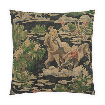 24x24 Saddler Denim designer throw pillow featuring a detailed scenic equestrian toile-style pattern on a deep denim-blue background, depicting a horseback rider, horses, lush plants, water, clouds and a pastoral landscape in muted green, tan and cream tones. Cotton and linen front with tan taupe linen-viscose reverse.