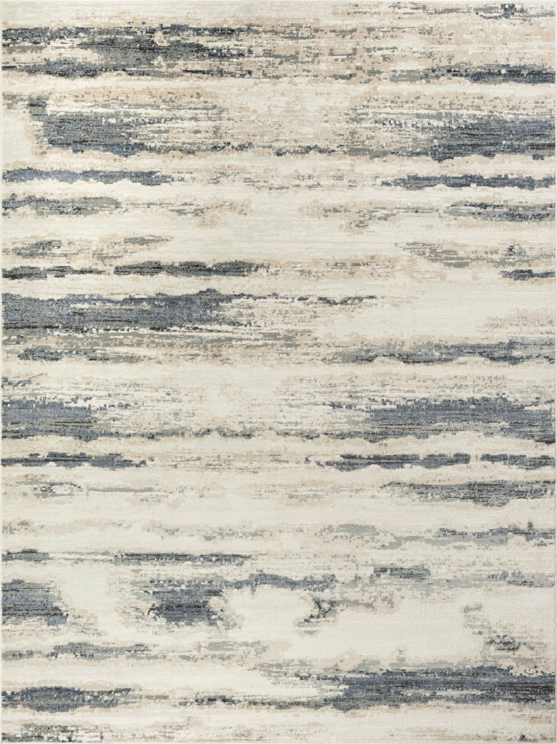 Abstract beige and blue-gray rug with irregular brushstroke pattern; modern living room decor.