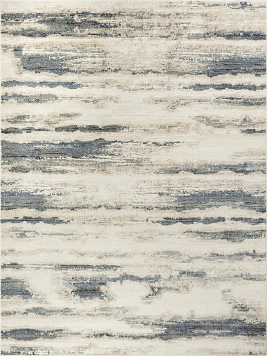 Abstract beige and blue-gray rug with irregular brushstroke pattern; modern living room decor.