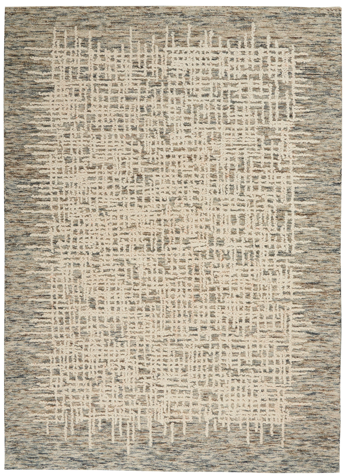 Rectangular woven rug in cream and gray-blue tones with an abstract geometric grid motif.