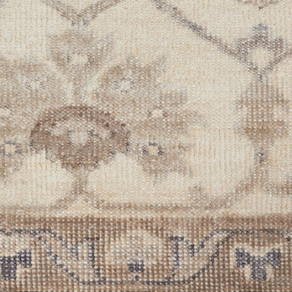 Beige and taupe oriental rug with floral motifs and a decorative border; woven, neutral home decor.