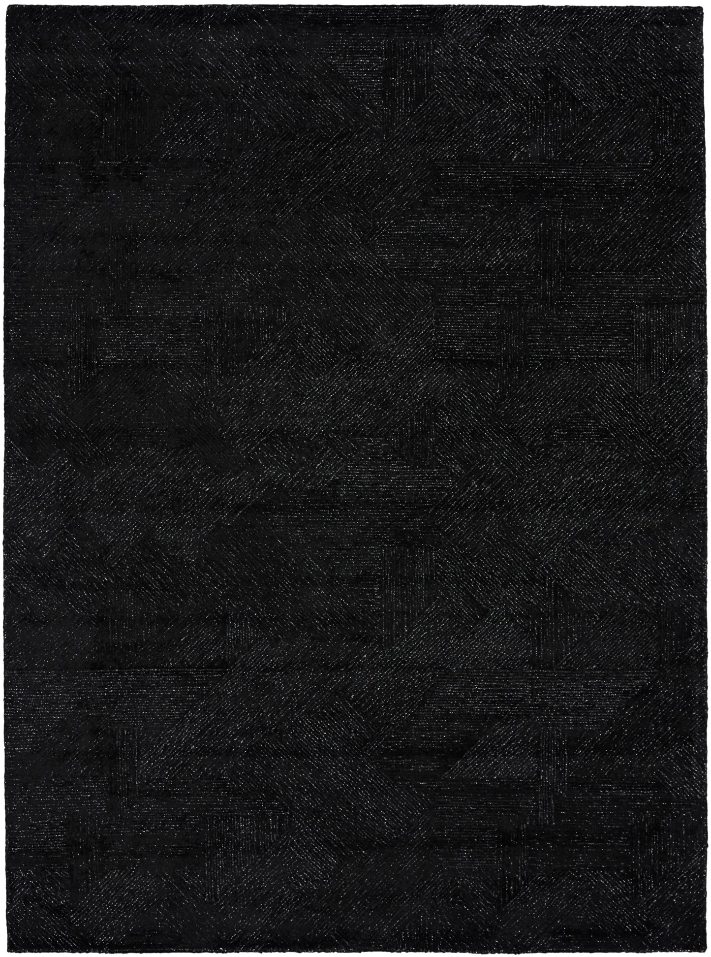 Charcoal black textured area rug with subtle geometric weave; rectangular, plush, modern home decor.