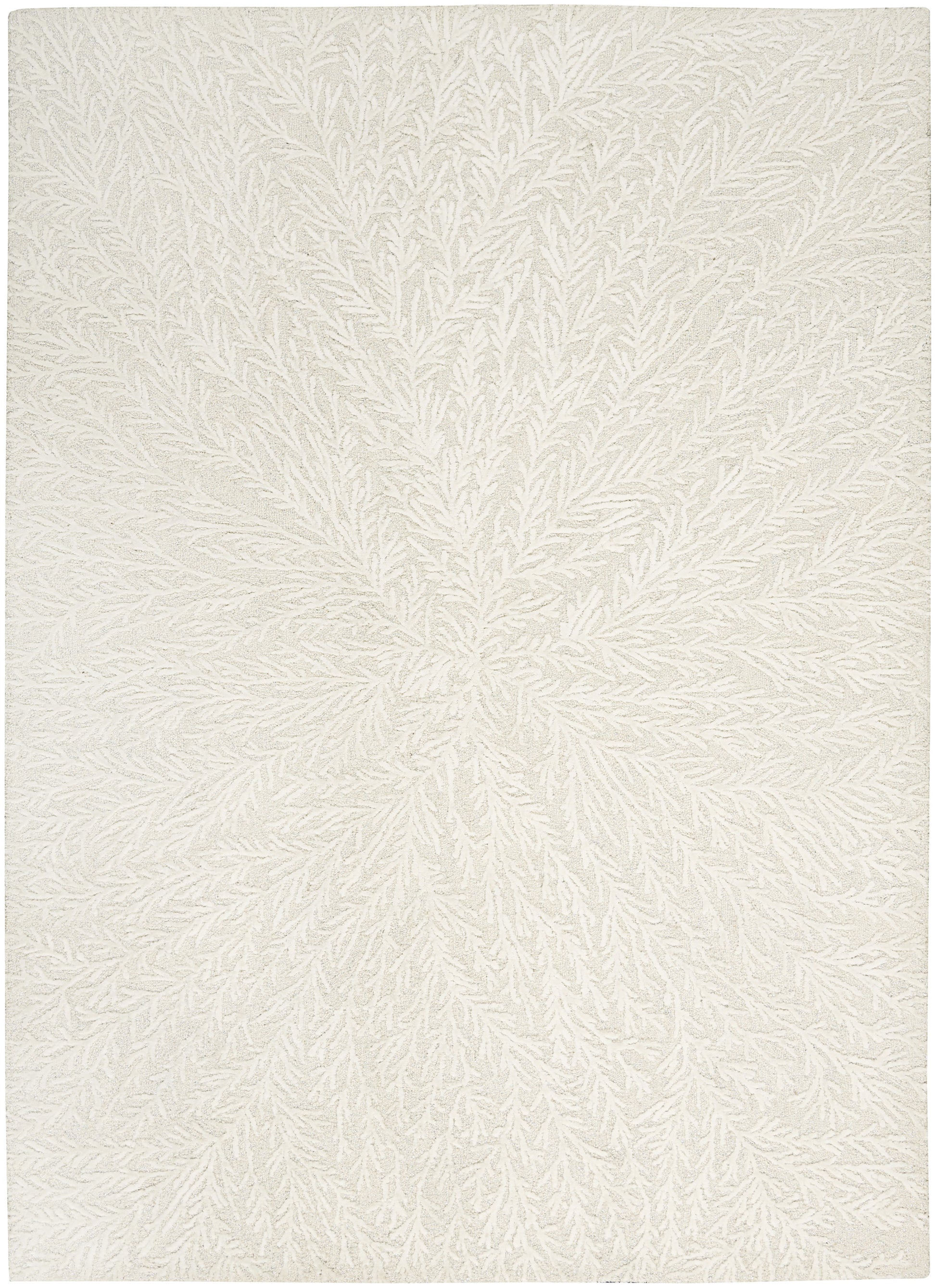 Cream textured rug with a subtle raised leaf pattern in a soft neutral tone.
