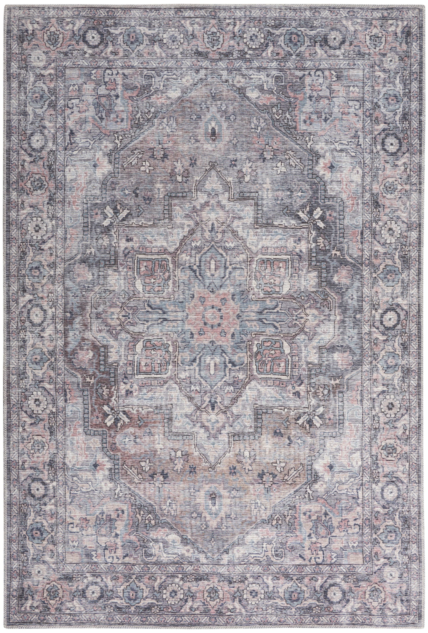Distressed blue-gray Oriental rug with central medallion, pink accents and ornate floral border in Persian style.