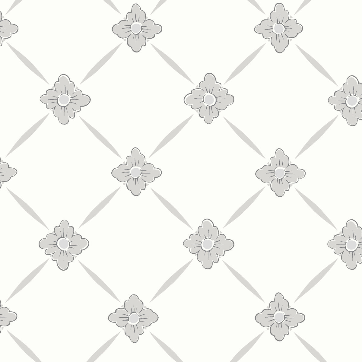 Grey floral lattice pattern with small four-petaled blossoms at diamond intersections on pale ivory background