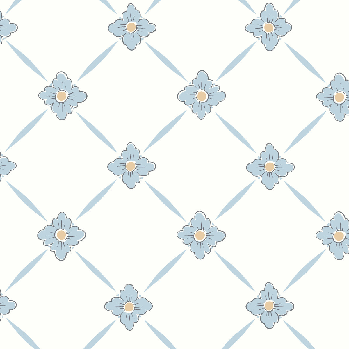Cream background with light blue lattice diamonds and small blue flowers with yellow centers at each intersection.