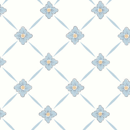 Cream background with light blue lattice diamonds and small blue flowers with yellow centers at each intersection.
