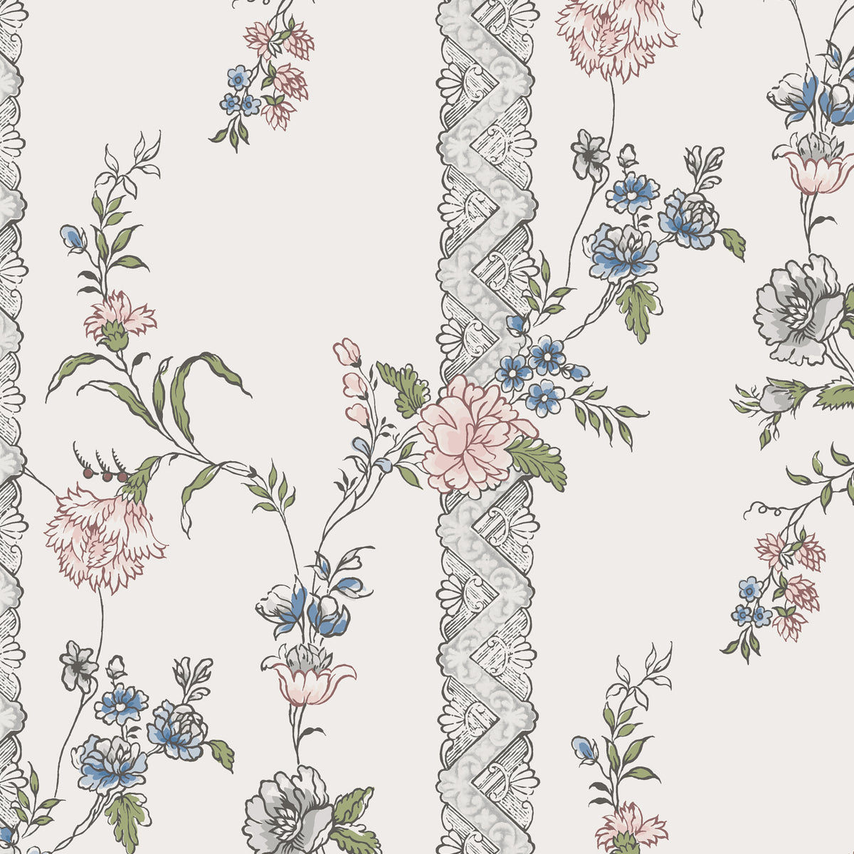 Vintage floral wallpaper pattern with pink, blue & green flowers on a cream background & gray lace-trim borders.