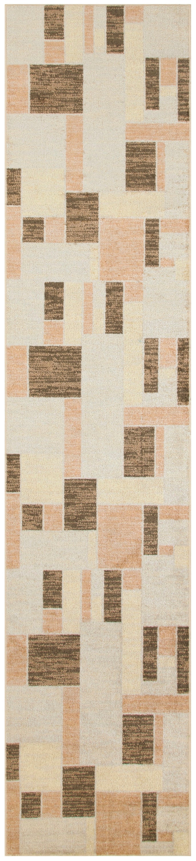 Geometric-pattern rug runner with a cream background, peach blocks, and brown woodgrain accents in a brick-like grid.