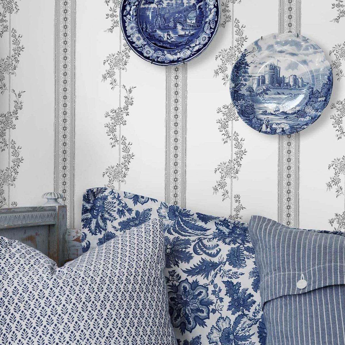 Grey floral striped wallpaper.