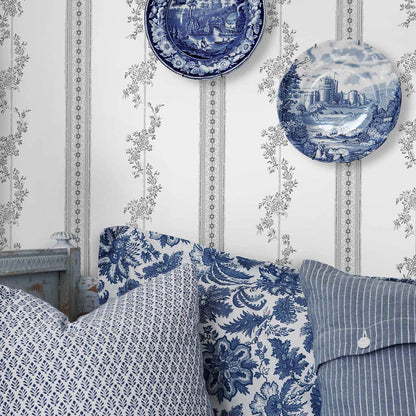 Grey floral striped wallpaper.
