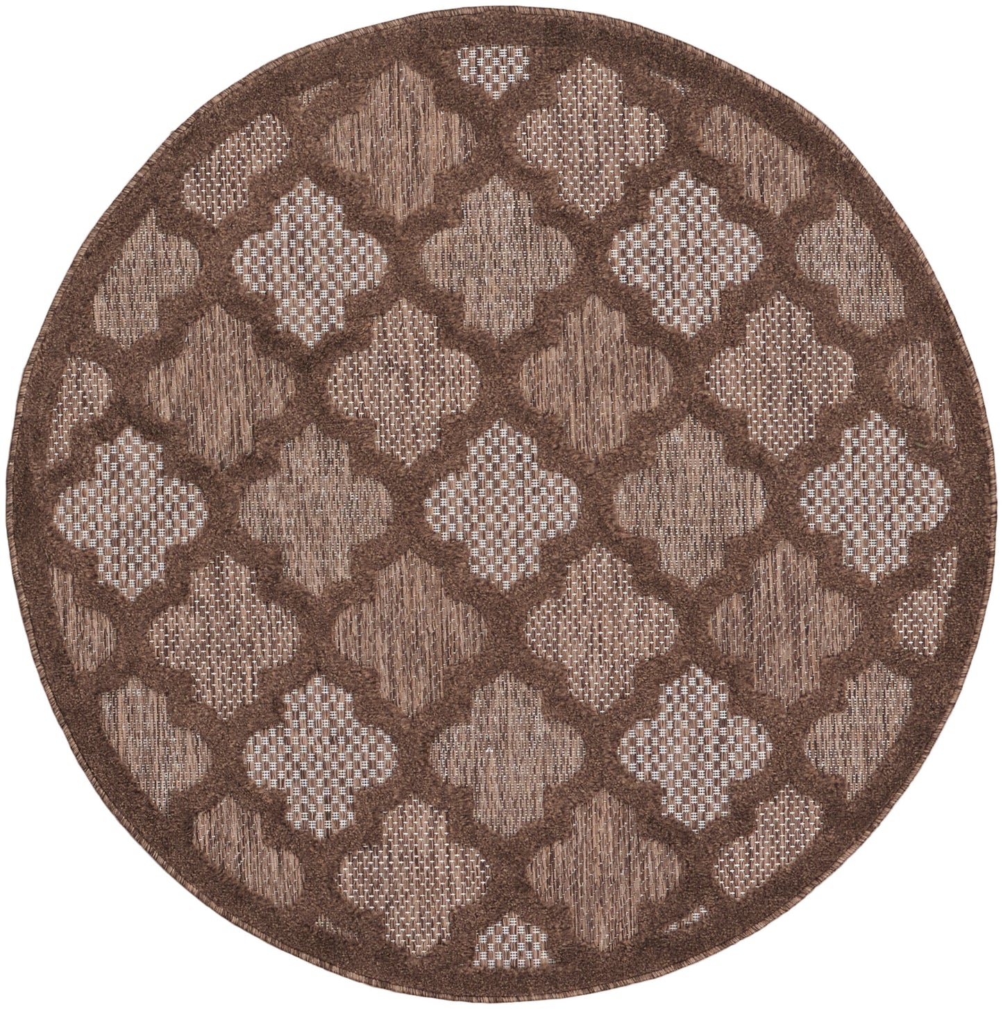 Round brown rug with repeating beige quatrefoil lattice pattern and textured weave, dark border.