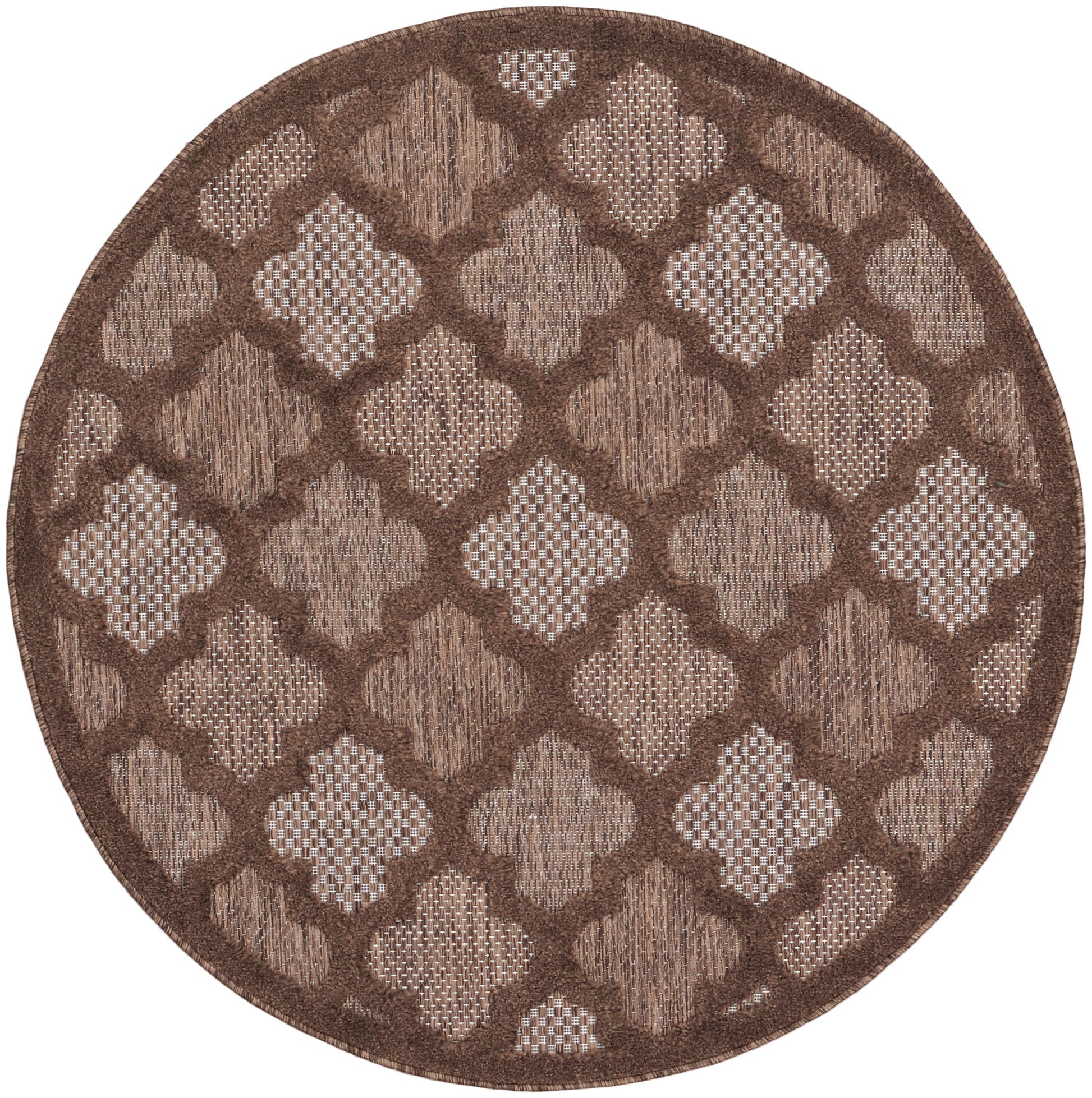 Round brown rug with repeating beige quatrefoil lattice pattern and textured weave, dark border.