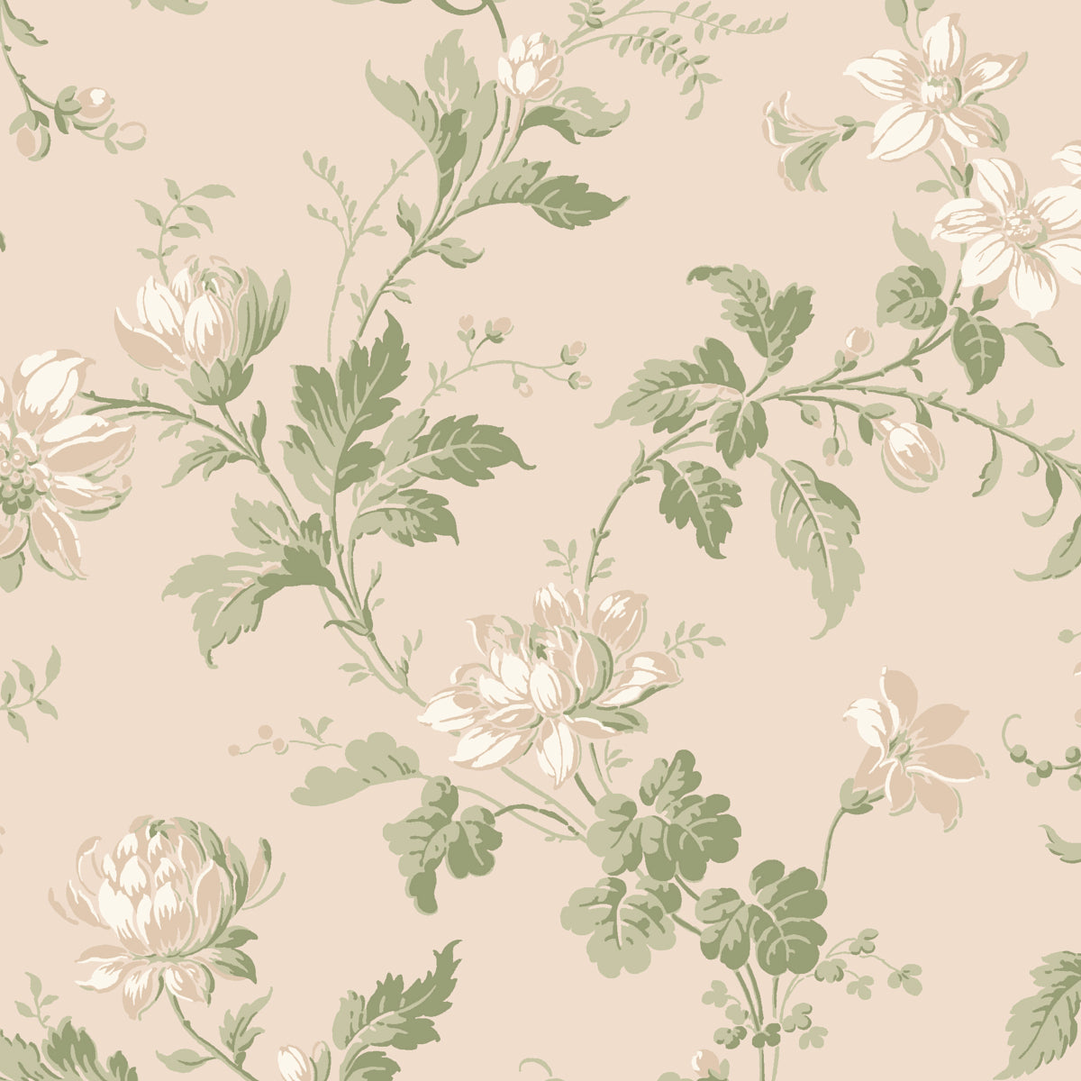 Beige floral wallpaper with muted green leaves and ivory blossoms in a vintage botanical pattern.