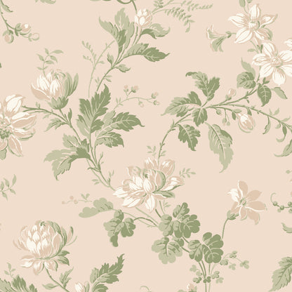 Beige floral wallpaper with muted green leaves and ivory blossoms in a vintage botanical pattern.