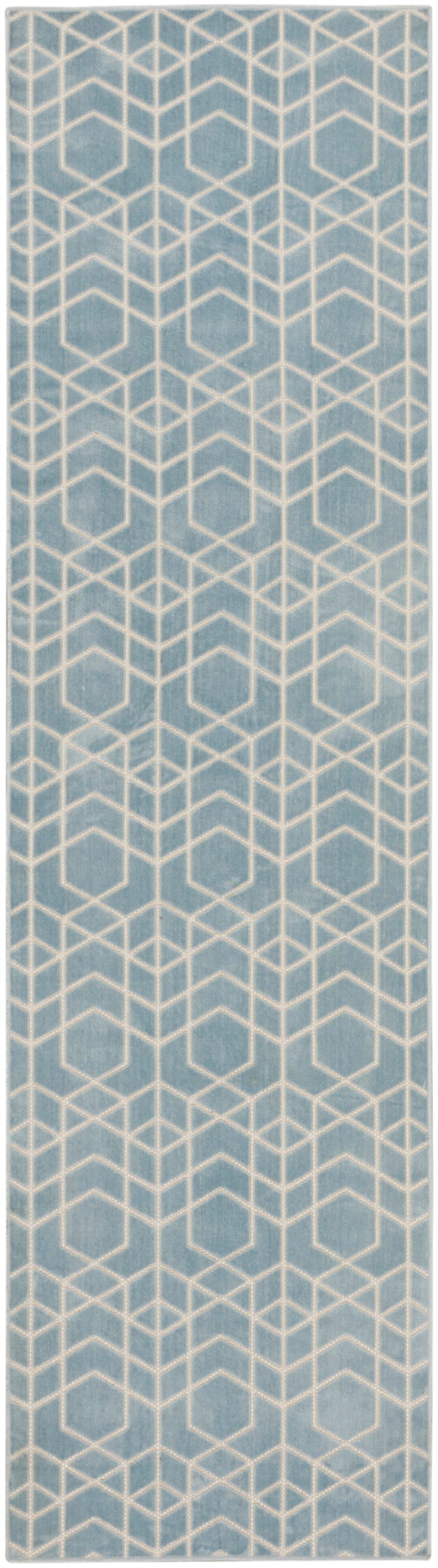 Blue-gray rug runner with a repeating white geometric cube lattice pattern.