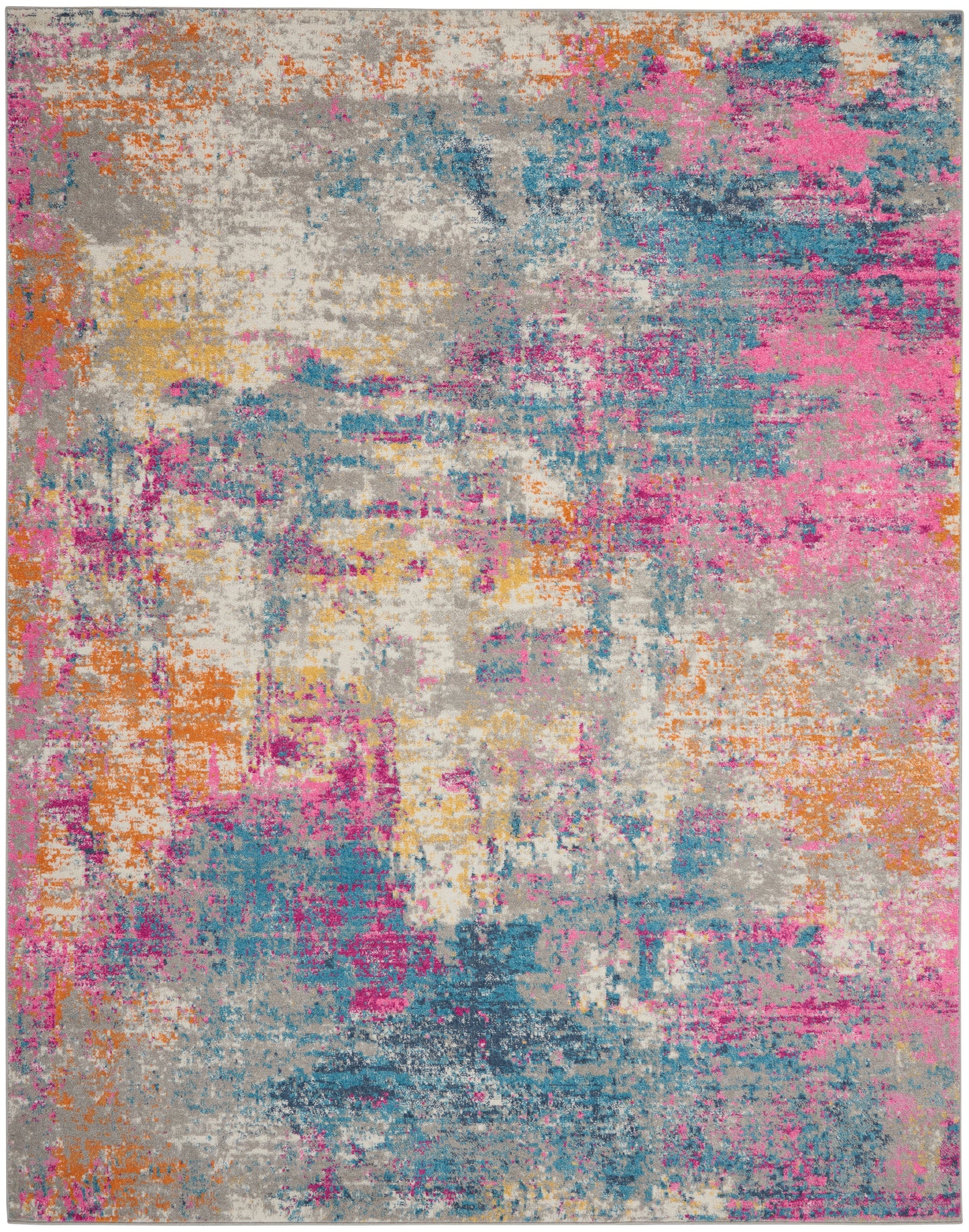 Abstract distressed area rug with gray base and vibrant pink, teal, orange and yellow brushstroke patches.