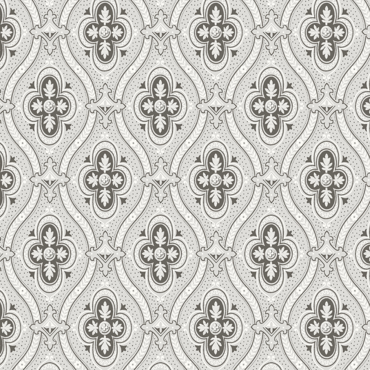 Grey damask-pattern wallpaper featuring ornate floral motifs and curved lattice repeating throughout.