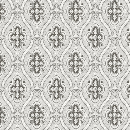 Grey damask-pattern wallpaper featuring ornate floral motifs and curved lattice repeating throughout.