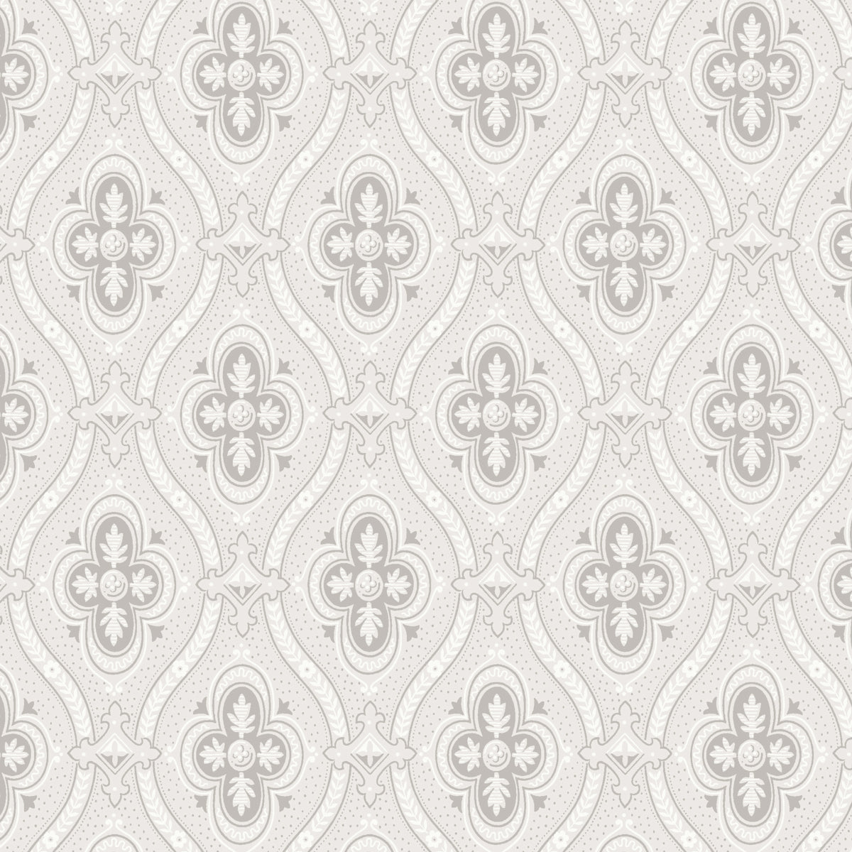 Grey and white damask wallpaper with ornate rosette motifs and scrolling vines; classic decorative wall covering.