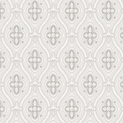 Grey and white damask wallpaper with ornate rosette motifs and scrolling vines; classic decorative wall covering.