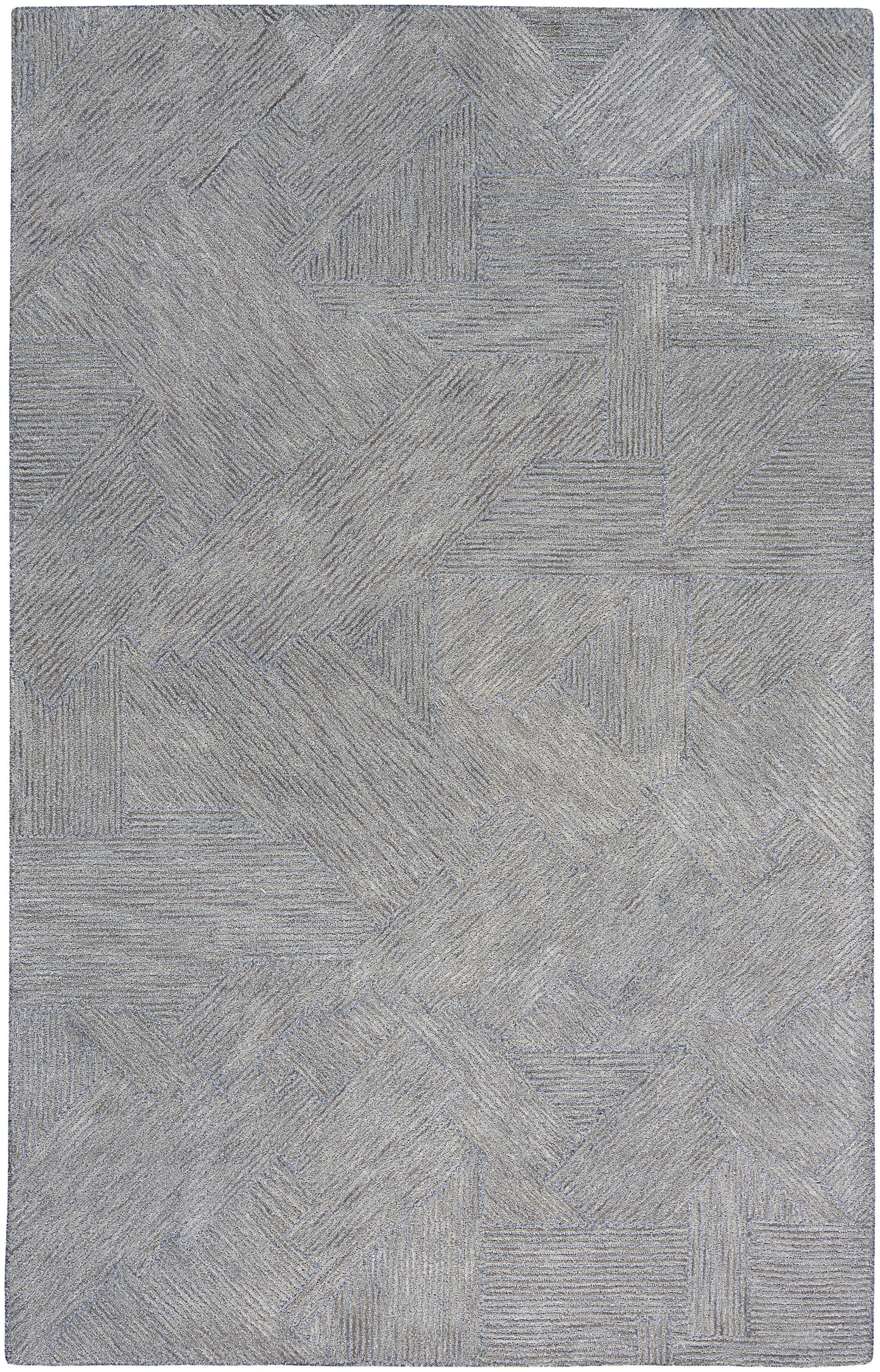 Gray-blue geometric rug with interlocking rectangular patches and striped textures; contemporary, versatile decor.