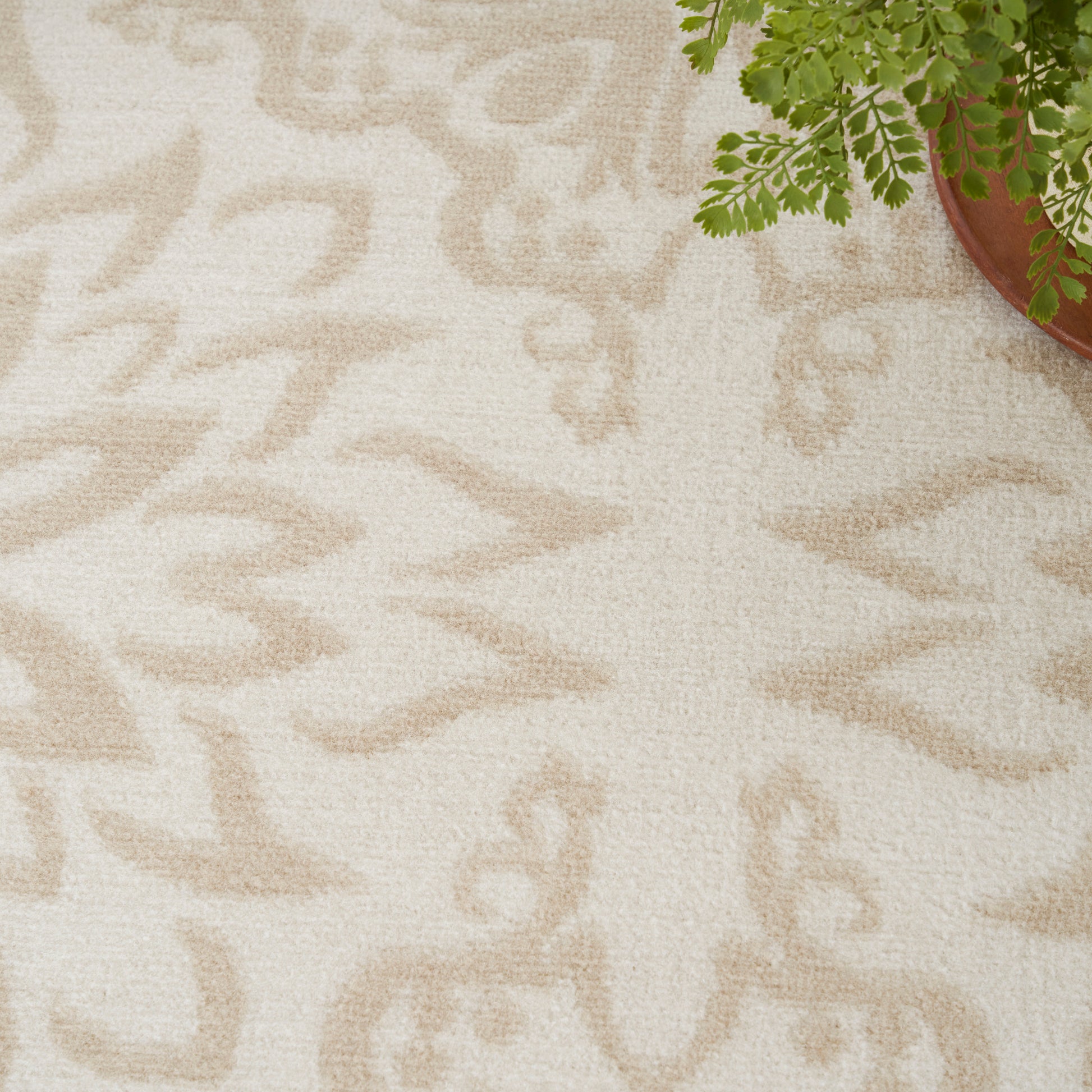 Cream rug with a light tan abstract leaf pattern and textured weave; partial view of a potted fern in the corner.
