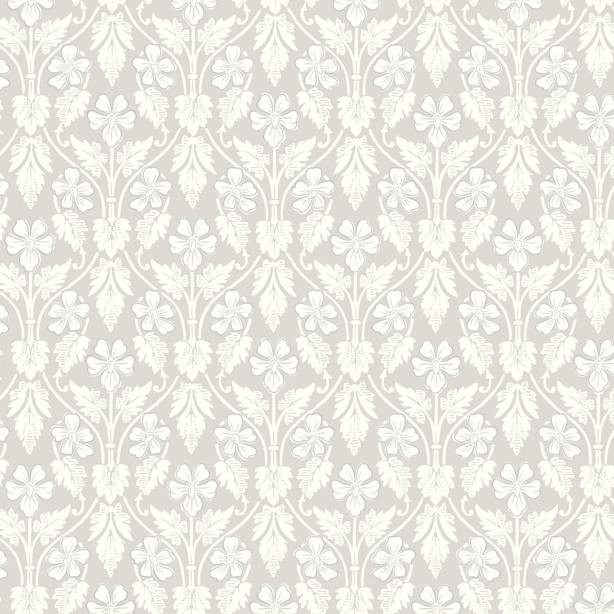 Cream damask floral wallpaper pattern on taupe background; ornate leaf and blossom motifs.