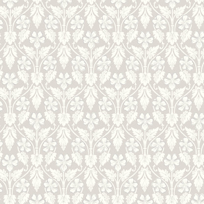 Cream damask floral wallpaper pattern on taupe background; ornate leaf and blossom motifs.