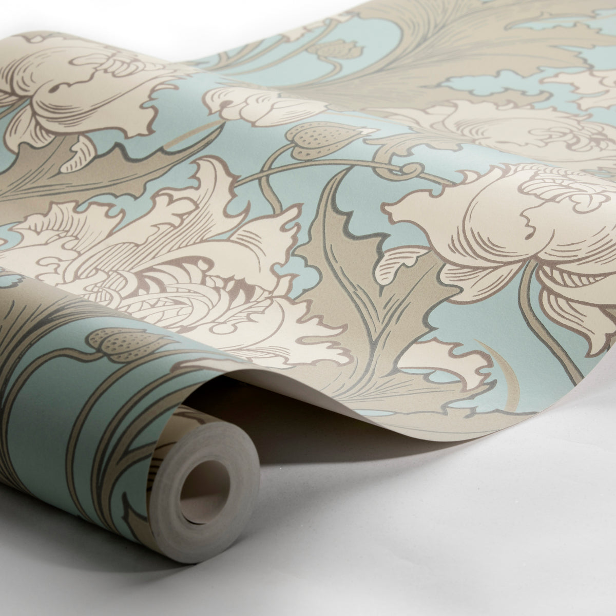 Rolled wallpaper with light blue background and beige floral damask pattern; curved sheet reveals the design.