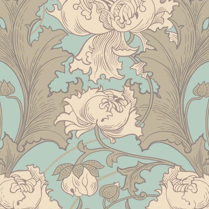 Cream and taupe floral damask wallpaper with olive-green leaves on a soft blue background.