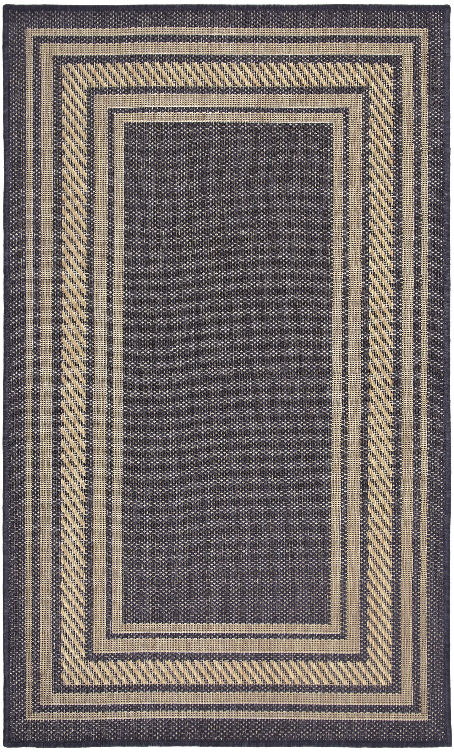 Rectangular navy rug with beige diagonal striped borders and a solid navy center; modern geometric border design.