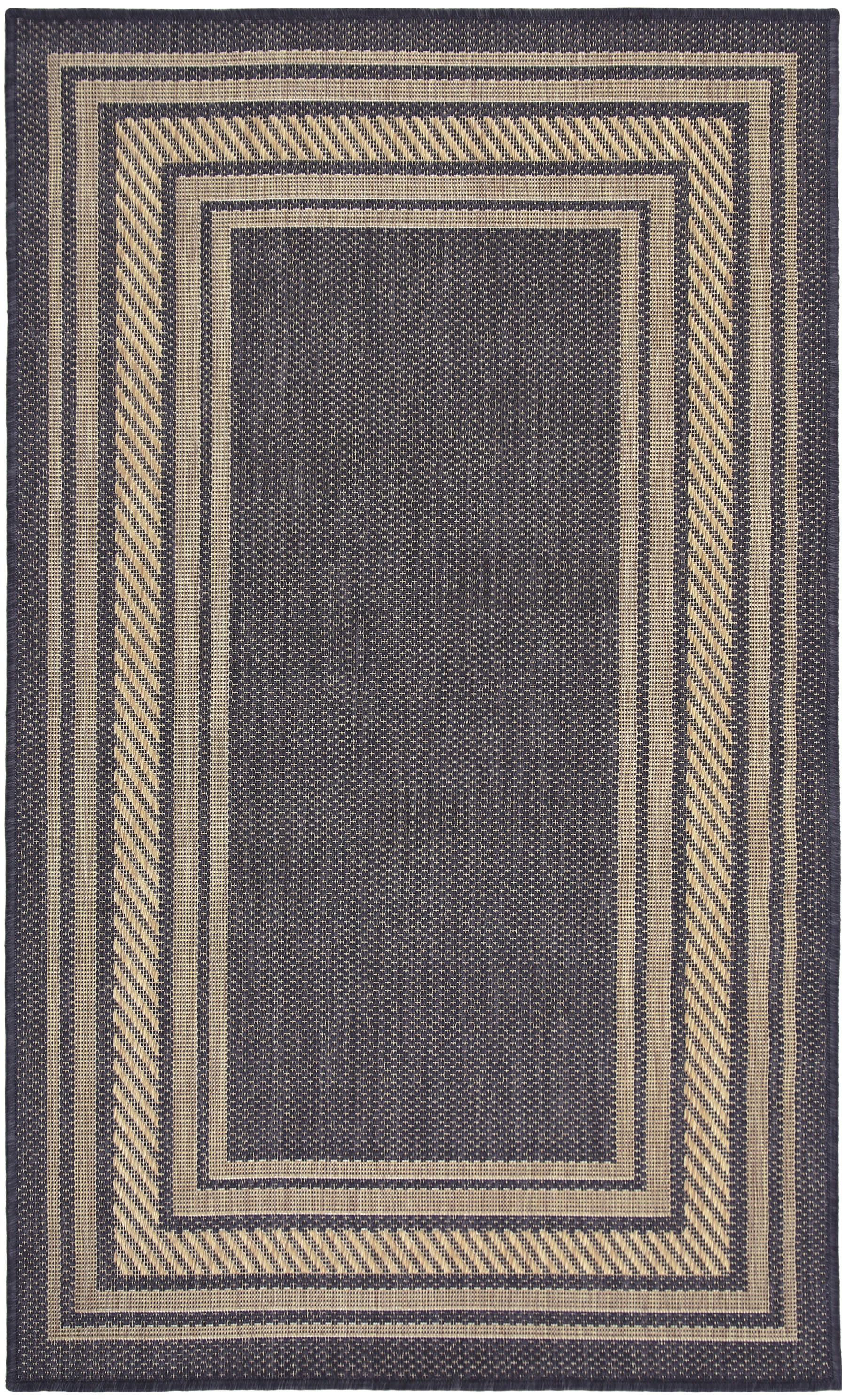 Rectangular navy rug with beige diagonal striped borders and a solid navy center; modern geometric border design.