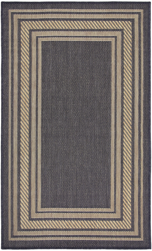 Rectangular navy rug with beige diagonal striped borders and a solid navy center; modern geometric border design.