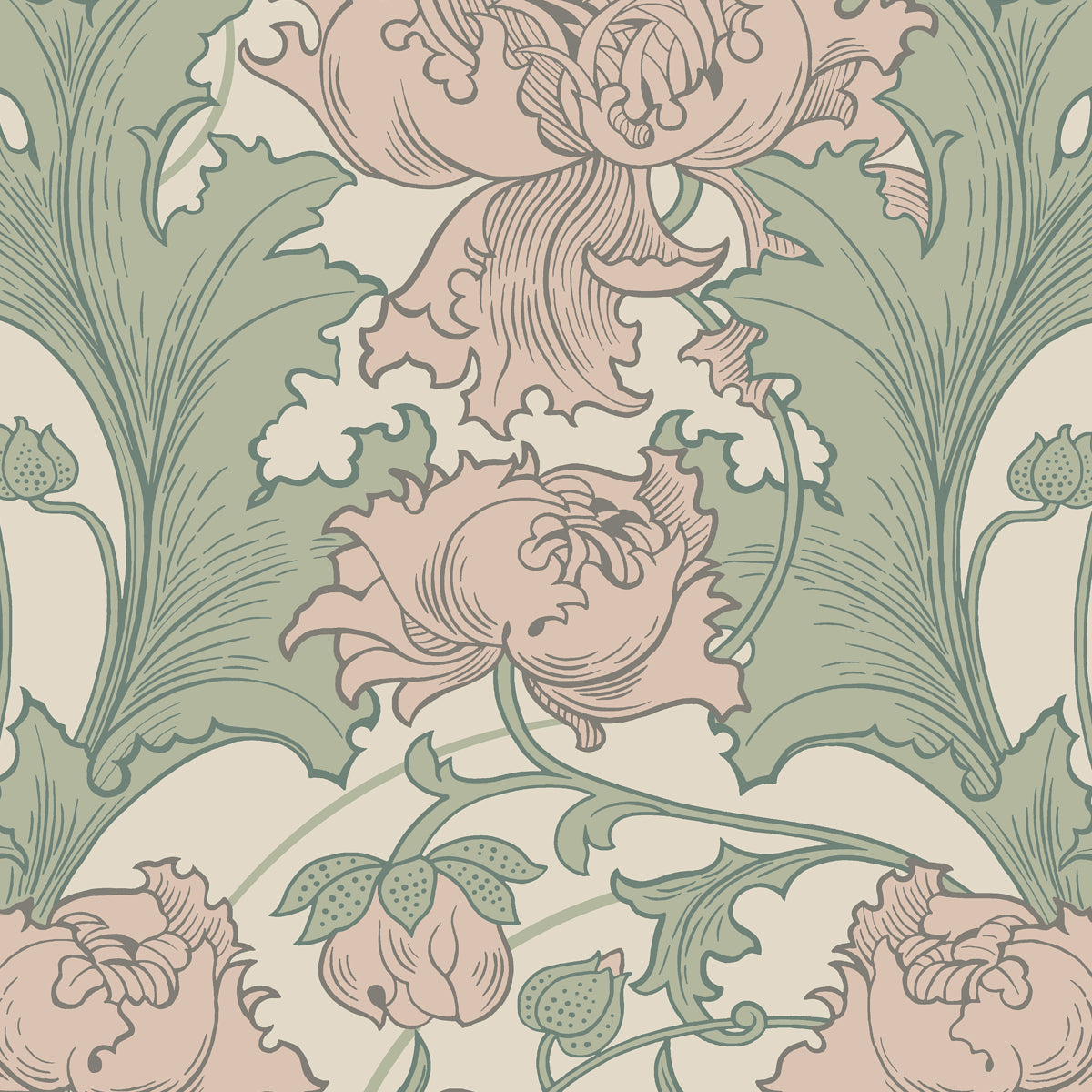 Damask floral wallpaper with large pink roses and sage-green leaves on cream backdrop.