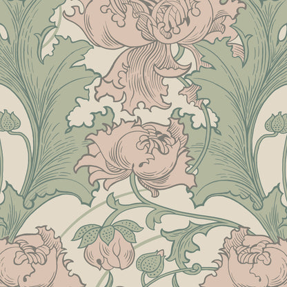 Damask floral wallpaper with large pink roses and sage-green leaves on cream backdrop.