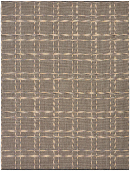 Natural brown and beige woven rug featuring a plaid grid pattern in vertical and horizontal bands.
