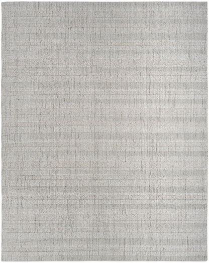 Light gray woven area rug with subtle horizontal stripe texture, 10' x 14'.