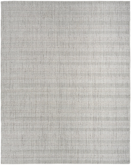 Light gray woven area rug with subtle horizontal stripe texture, 10' x 14'.