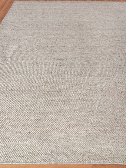 Beige woven area rug with natural fibers on a wooden floor, rectangular and neutral.
